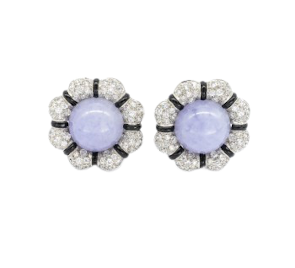 Lavender Jade, Black Onyx, Diamond and Platinum Flower Earrings - image 1