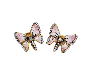 Moira Pink Plique À Jour Enamel, Diamond And Gold Butterfly Earrings
