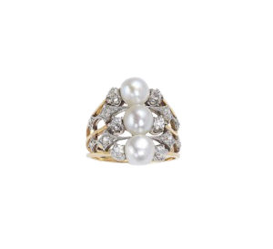 French Art Nouveau Pearl Diamond Platinum and Gold Three Row Ring, Circa 1900