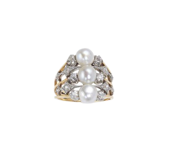 Edwardian Pearl Diamond Platinum And Gold Three Row Ring, Circa 1900 - image 1