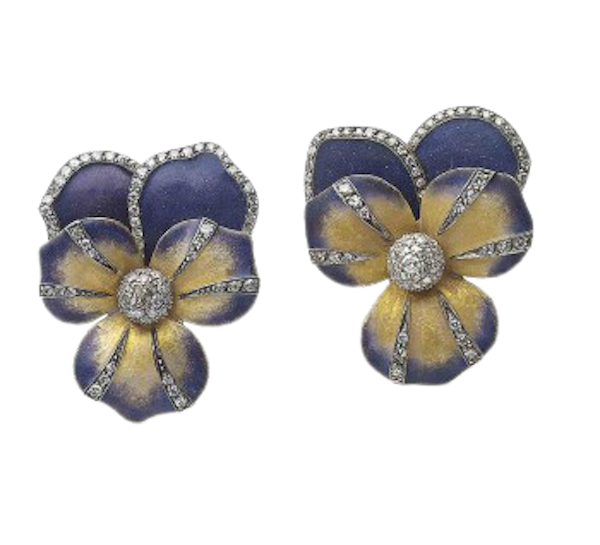 Enamel And Diamond Pansy Flower Earrings - image 1