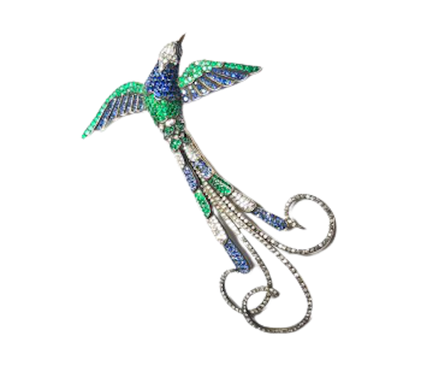 Sapphire, Diamond And Emerald Set Bird Brooch - image 1