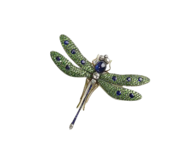 Moira Green Garnet, Diamond, Sapphire, Silver And Gold Dragonfly Brooch - image 1