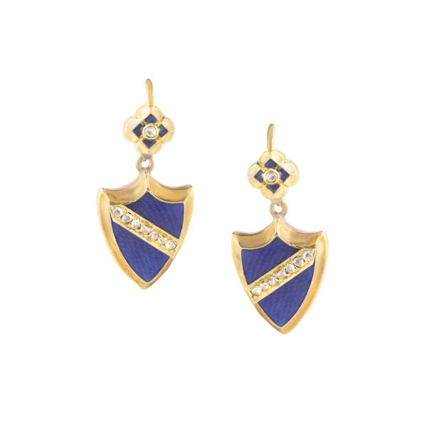 A Pair of Gold Blue Enamel Diamond Earrings - image 1