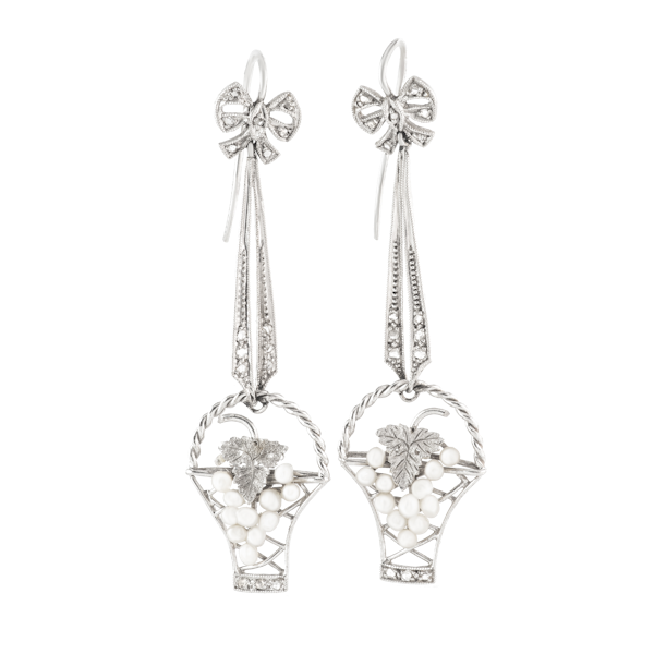 A Pair of Platinum Gold Diamond Pearl Earrings - image 1