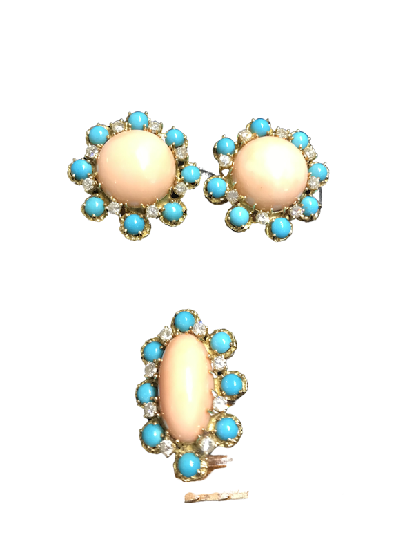 1960s Coral Turquoise and Diamond Earrings and Rings Set by Ben Rosenfeld - image 1