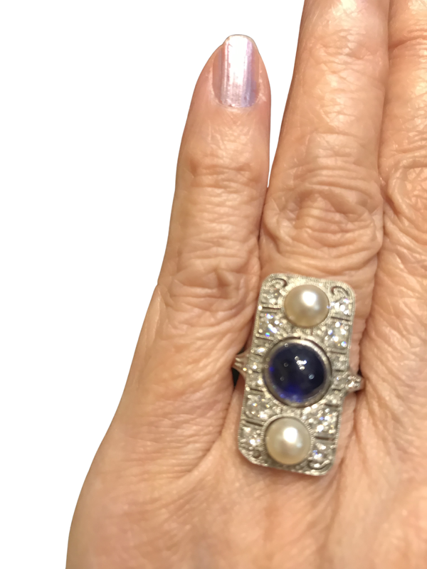 Sapphire and Pearl Art Deco Ring - image 1