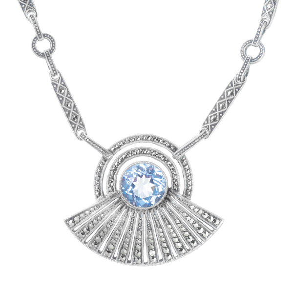 An Aquamarine Marcasite Silver Necklace by Theodor Farnher - image 1