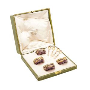 French silver gild and ruby glass set of 4 salts with spoons, 19c.
