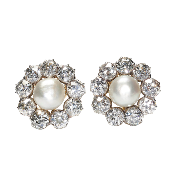 Antique Natural Pearl, Diamond, Gold And Platinum Cluster Earrings, Circa 1920 - image 1