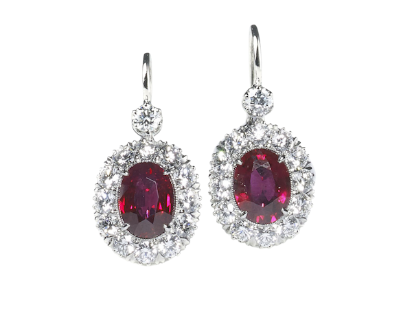 Modern Ruby, Diamond and Platinum Cluster Earrings - image 1