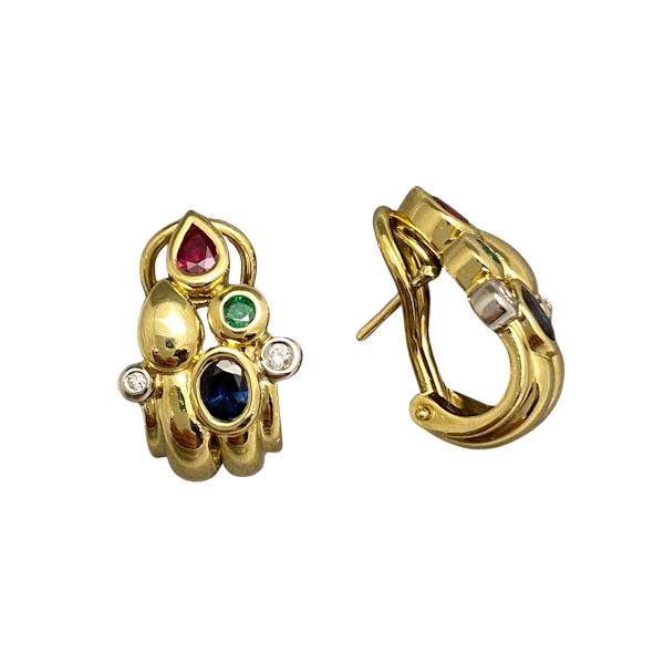 Ruby Emerald Sapphire Diamond Earrings in 9ct Gold date circa 1990, SHAPIRO & Co since1979 - image 1
