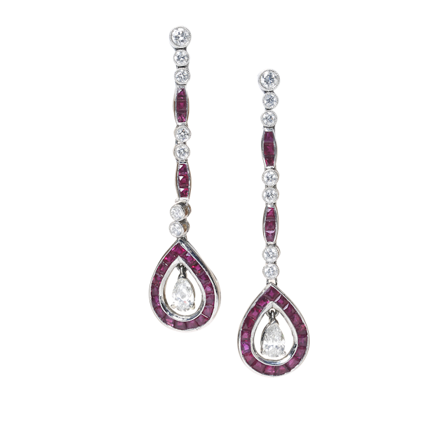 Art Deco Style Ruby and Diamond Platinum Drop Earrings - image 1