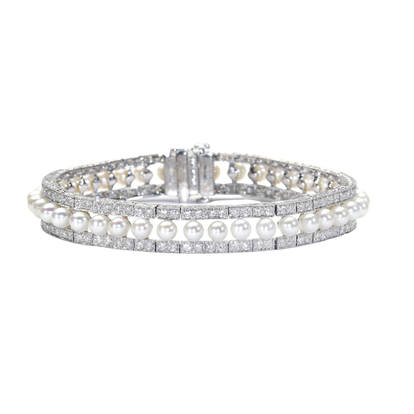 Modern Pearl, Diamond and Platinum Line Bracelet 3.81ct - image 1