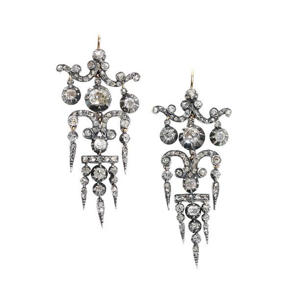 Antique Diamond and Silver Upon Gold Drop Earrings, Circa 1850 - image 1