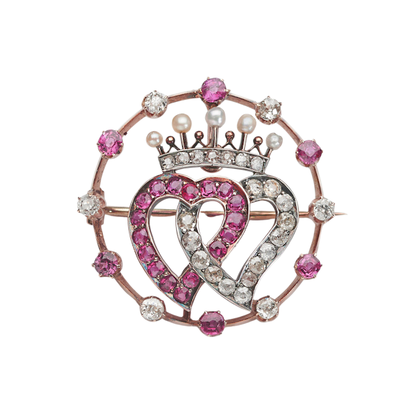 Antique Ruby Diamond Pearl Gold And Silver Luckenbooth Heart Crown And Circle Brooch, Circa 1910 - image 1