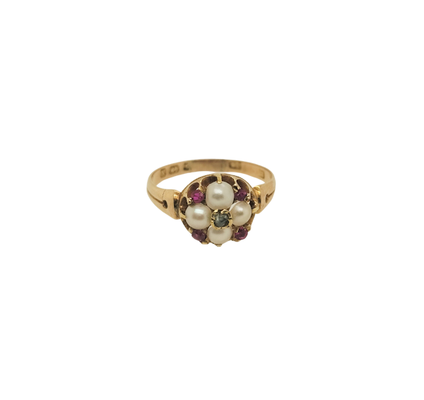 Antique ruby, diamond and pearl cluster ring - image 1
