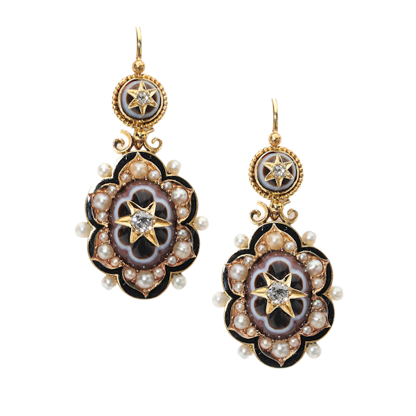 Victorian Banded Agate, Natural Pearl, Diamond, Enamel And Gold Drop Earrings - image 1