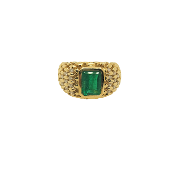French emerald and diamond set textured gold ring. Michael Longmore - image 1