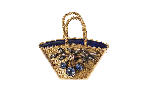Diamond & Sapphire Gold Brooch of Basket Weave Design - image 1