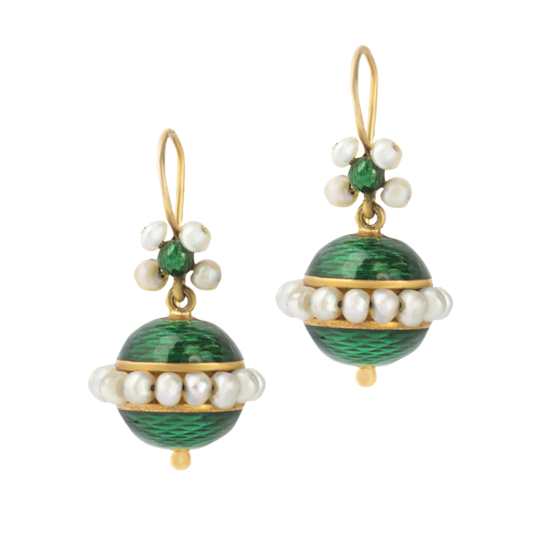 A Pair of Green Enamel Pearl Earrings - image 1