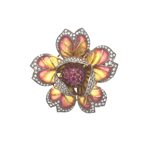 Enamel, Ruby And Diamond Flower Brooch - image 4