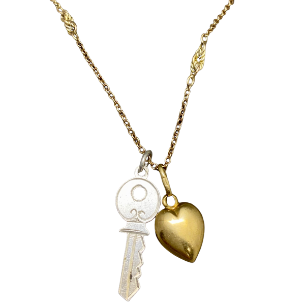 Pendant Key to The Heart in 9ct Gold & Sterling 925 Silver date Chain circa 1900 & date Charms 1950s - 1960s, Lilly's Attic since 2001 - image 1