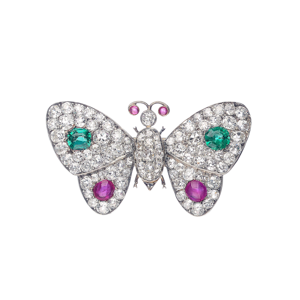 Antique Diamond Emerald, Ruby, Silver, And Gold Butterfly Brooch, Circa 1880 - image 1