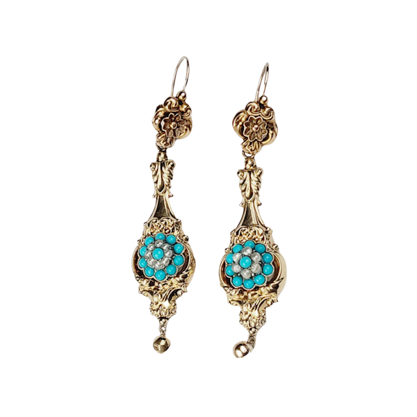 Antique gold pearl and turquoise drop earrings SKU: 5685 DBGEMS - image 1