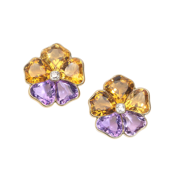 Harvey & Gore Amethyst, Citrine, Diamond And Gold Pansy Earrings, 1973 - image 1