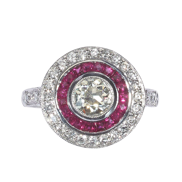 Modern Art Deco Style Ruby, Diamond and Platinum Target Cluster Ring 0.93 Carats - image 1