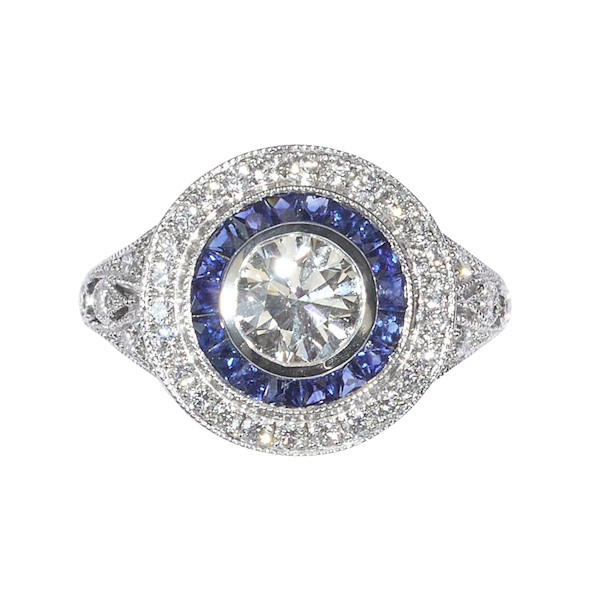 Modern Art Deco Style Sapphire, Diamond and Platinum Target Cluster Ring, 0.90 Carats - image 1