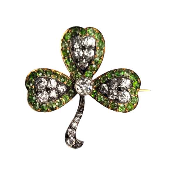 Lucky antique demantoid garnet and diamond clover brooch SKU: 5809  Dbgems - image 1