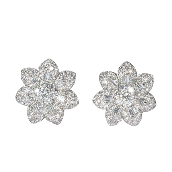 Modern Diamond And Platinum Flower Earrings, 2.75ct - image 1