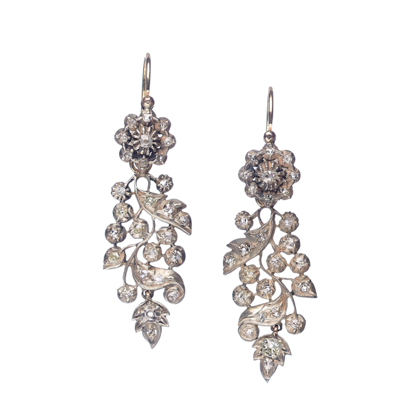 Antique Spanish Diamond and Silver Upon Gold Drop Earrings, 3.00ct, Circa 1880 - image 1