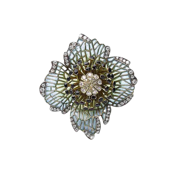 Moira Poppy Plique à Jour Enamel Diamond Silver and Gold Brooch - image 1
