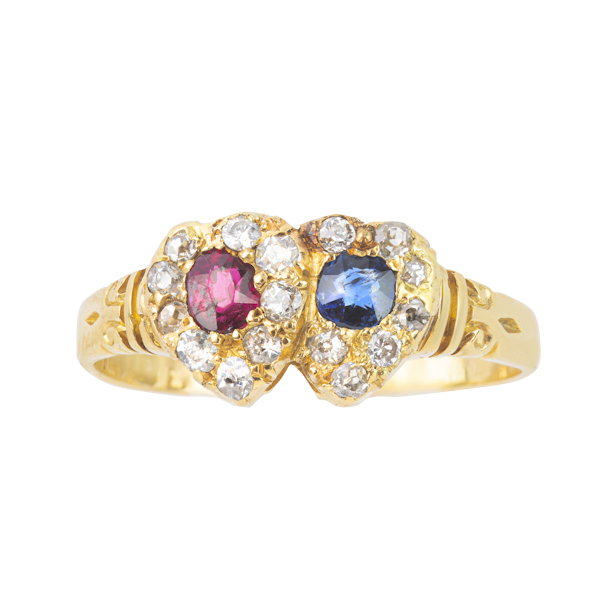 A Ruby Sapphire Double Heart Gold Ring - image 1