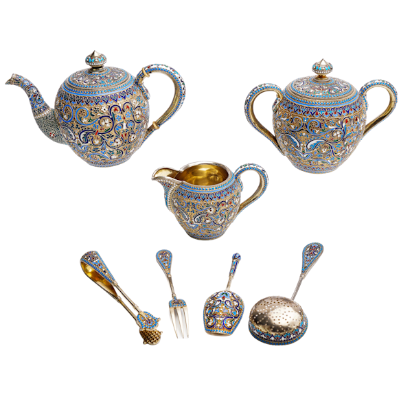 Russian silver guild and cloisonné enamel tea set, Moscow, circa 1890s. - image 1
