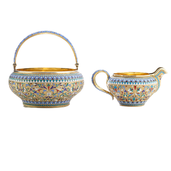 Russian silver gild and cloisonné enamel sugar bowl and cream jug. Moscow 1893-1894, Ivan Saltykov. - image 1