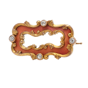 Russian Faberge gold, diamonds and guilloché enamel brooch by Oscar Phil, St Petersburg, circa 1890.