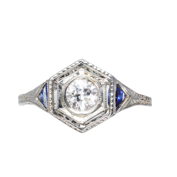 A Deco Hexagonal Diamond Sapphire Ring - image 1