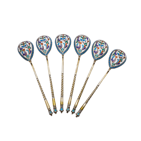 Russian silver cloisonné enamel set of six coffee spoons, Ivan Yashin, Moscow c.1900 - image 1