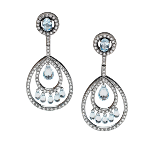 Modern Blue Topaz, Briolette Diamond And Oxidised Gold Drop Earrings