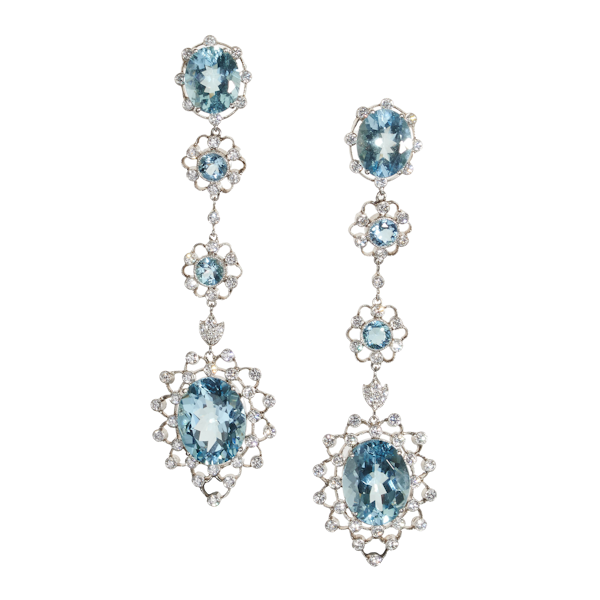 Aquamarine, Diamond and Platinum Cluster Drop Earrings - image 1