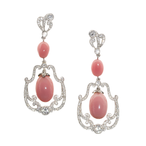 Conch Pearl, Diamond and Platinum Drop Earrings - image 1