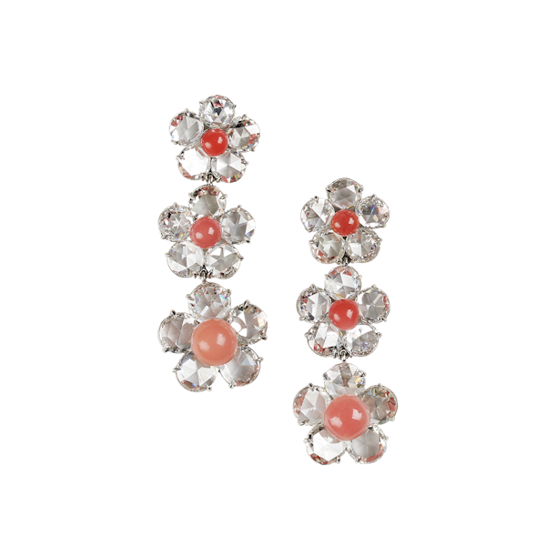 Conch Pearl, Rose Cut Diamond and Platinum Flower Drop Earrings - image 1