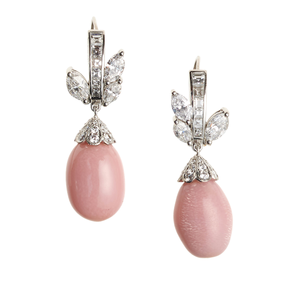Conch Pearl, Diamond and Platinum Earrings - image 1