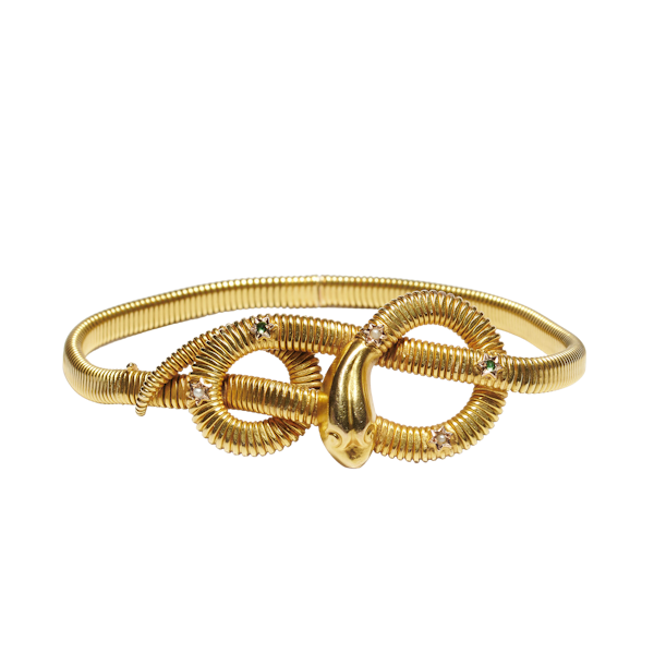 Mid 20th Century Italian Pearl Emerald and Gold Gaspipe Snake Bracelet, Circa 1940 - image 1