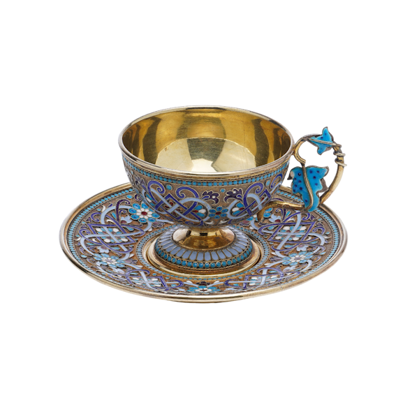 Russian sliver guild and Cloisonné Enamel Cup and Saucer, Moscow 1890 by Gustov Klingert - image 1