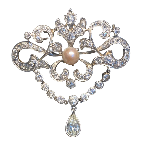 Edwardian Diamond & Pearl Brooch - image 1